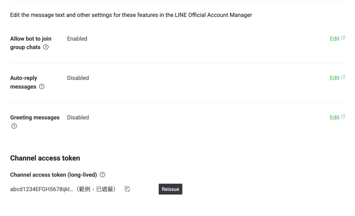 LINE Developers 的 Messaging API 分頁最下方,Channel access token 與複製圖示